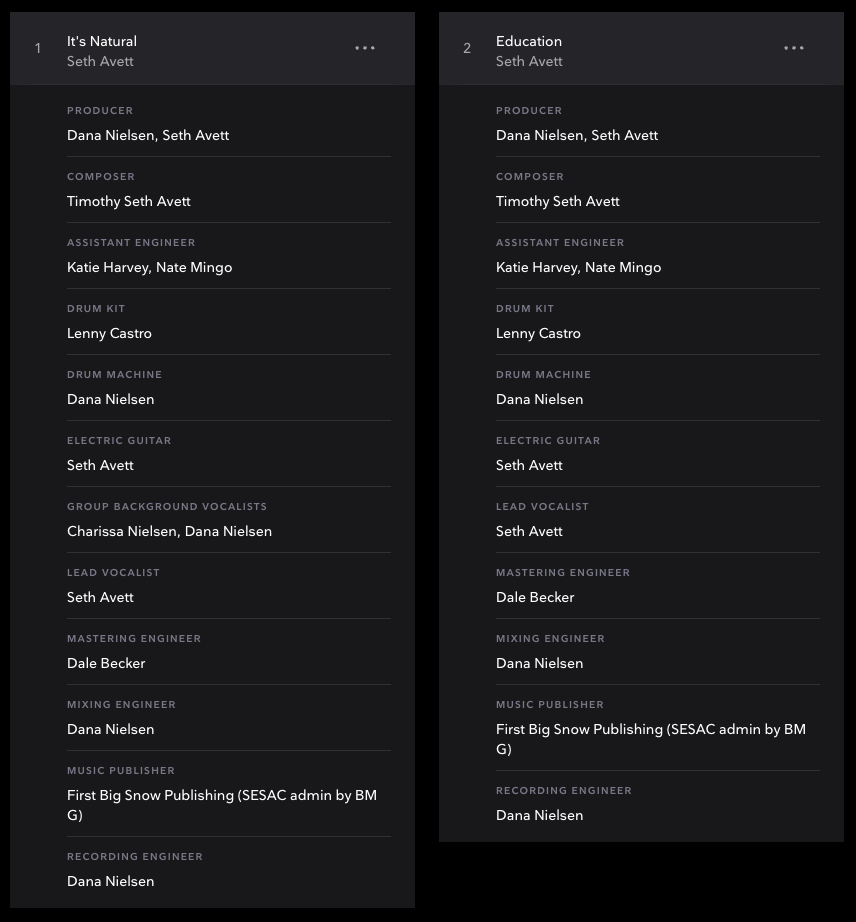 Screenshot of Tidal album credits for Feathe by Timothy Seth Avett as Darling. Credits list Dana Nielsen and Seth Avett as producers, with roles including recording engineer, mixing engineer, mastering engineer, assistant engineers, background vocalists, and instrumentalists.