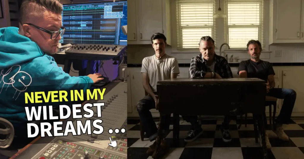 Composite image: on the left, a person mixing at a studio console with text ‘Never in my wildest dreams’; on the right, three men sit at a kitchen table.