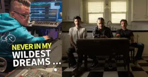 Composite image: on the left, a person mixing at a studio console with text ‘Never in my wildest dreams’; on the right, three men sit at a kitchen table.