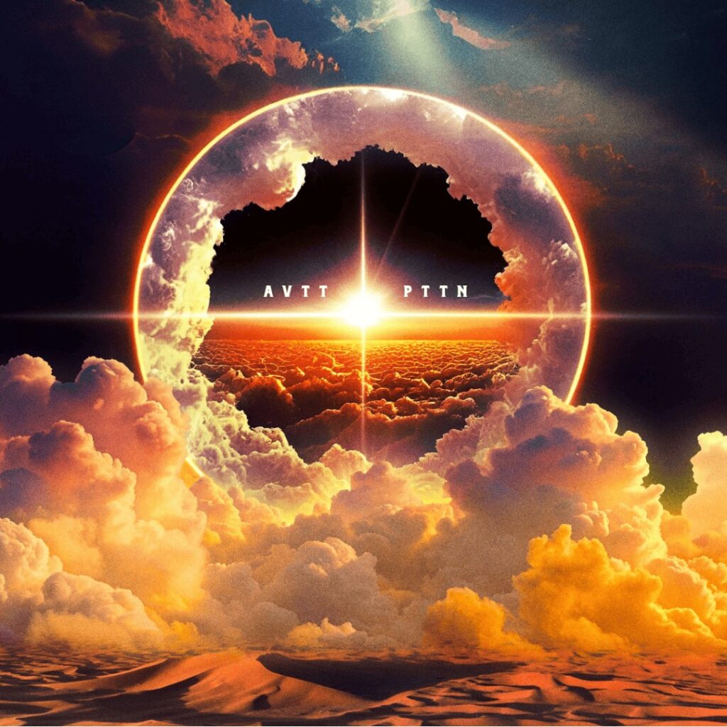 Album cover for AVTT/PTTN featuring a glowing circular portal over clouds at sunset with text ‘AVTT PTTN’ in the center