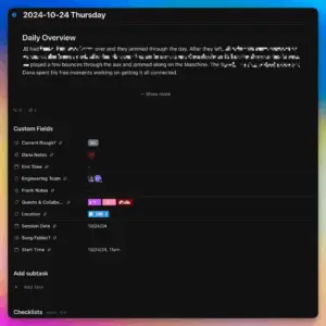 Screenshot of a project management entry for Oct 24, 2024, showing daily overview notes, custom fields, and checklist progress